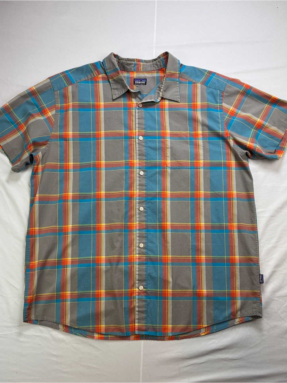 Patagonia Short-Sleeve Plaid Button-Up Shirt - Teal, Gray & Orange Cotton